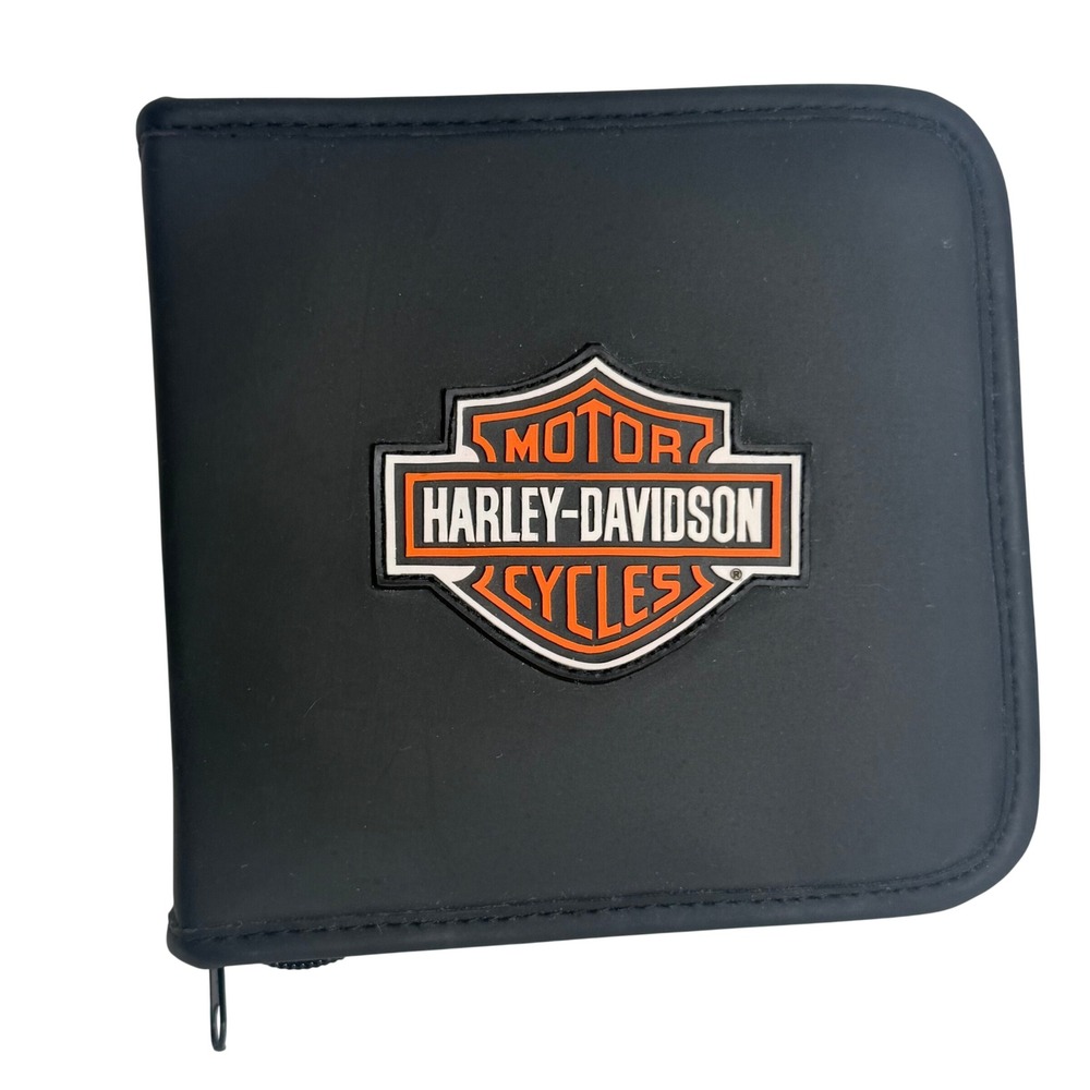 Harley Davidson Black‎ Leather CD DVD Media Storage Case Zip Around Holds 24 CDs